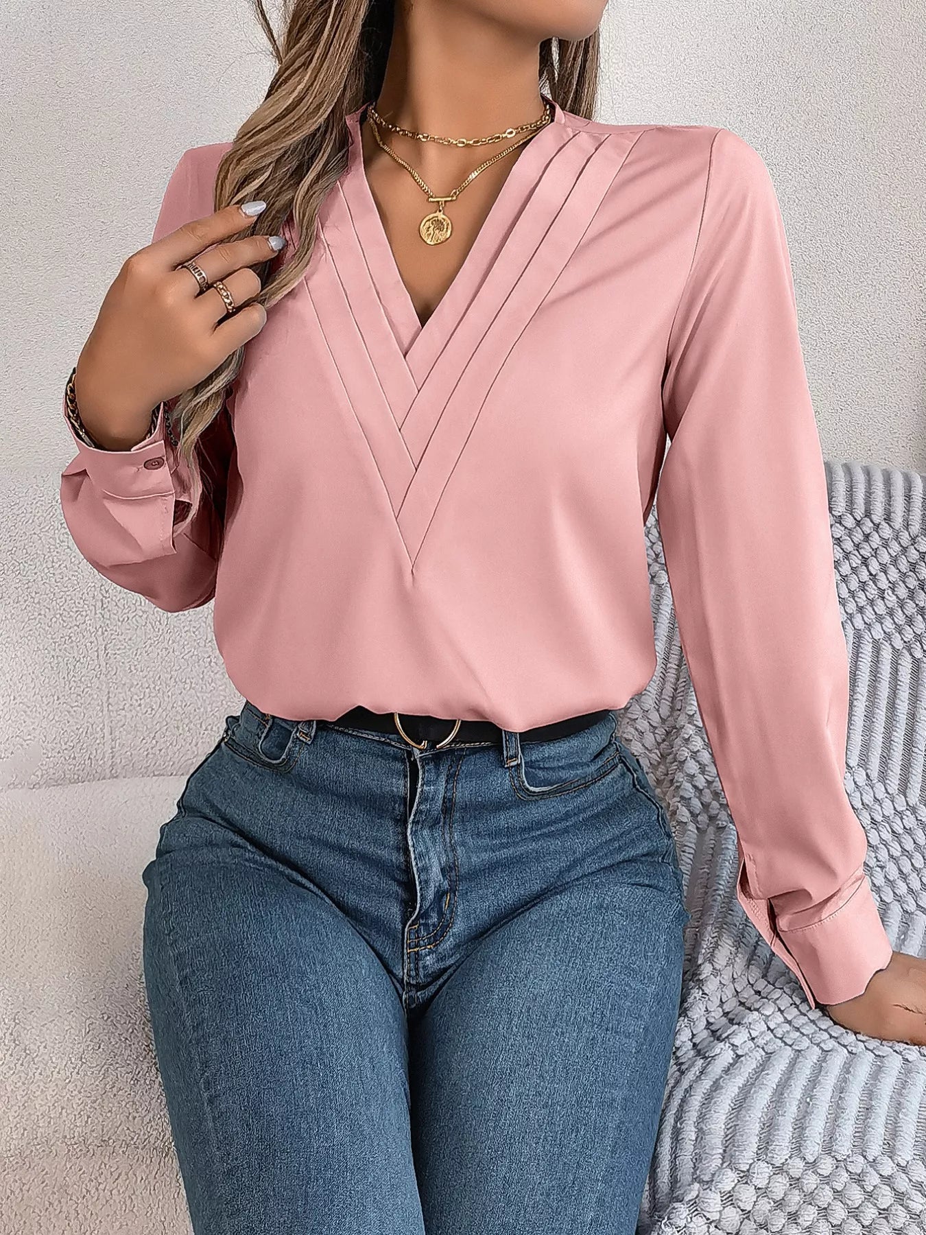 Layered V-Neck Long Sleeve Blouse 