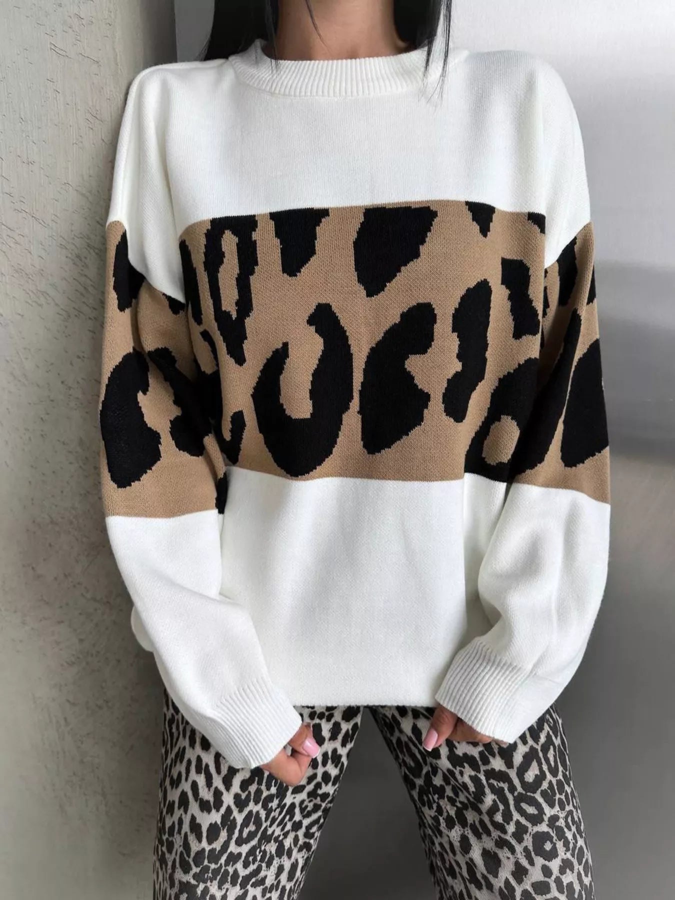 Leopard Color Block Round Neck Sweater 