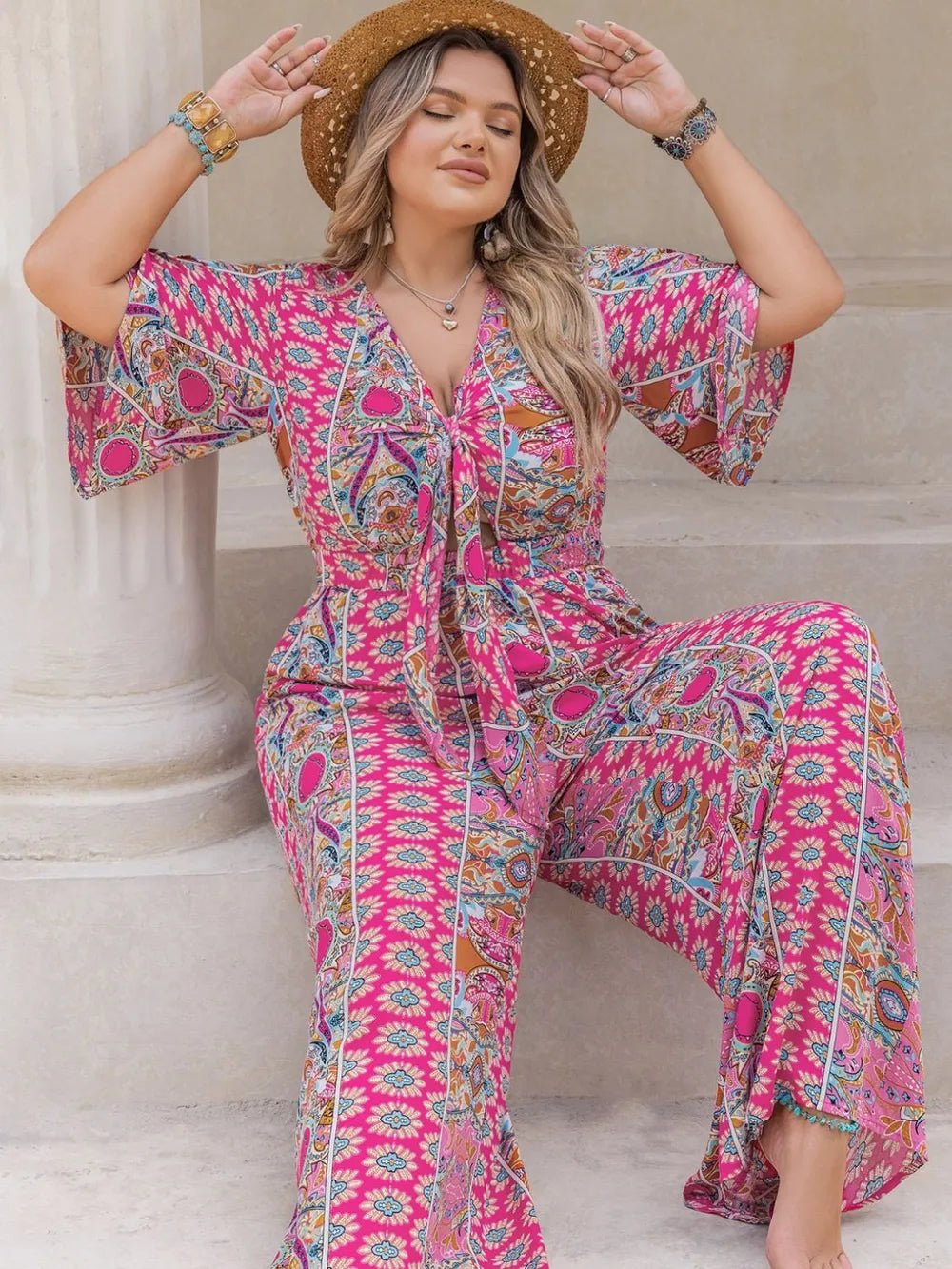Plus Size Printed Half Sleeve Wide Leg Jumpsuit 