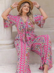 Plus Size Printed Half Sleeve Wide Leg Jumpsuit 