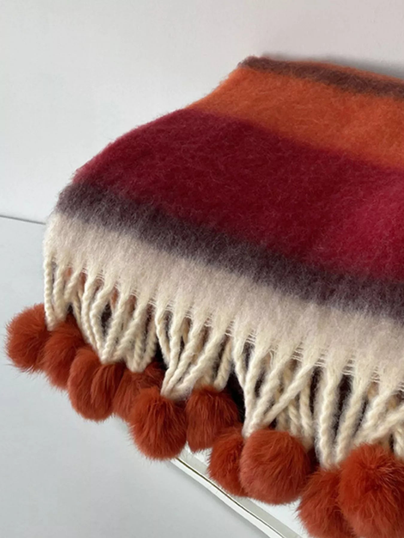 Rainbow Striped Fuzzy Scarf with Pom-Poms 