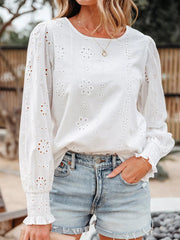 Eyelet Embroidered Smocked Cuff Sheer Blouse 