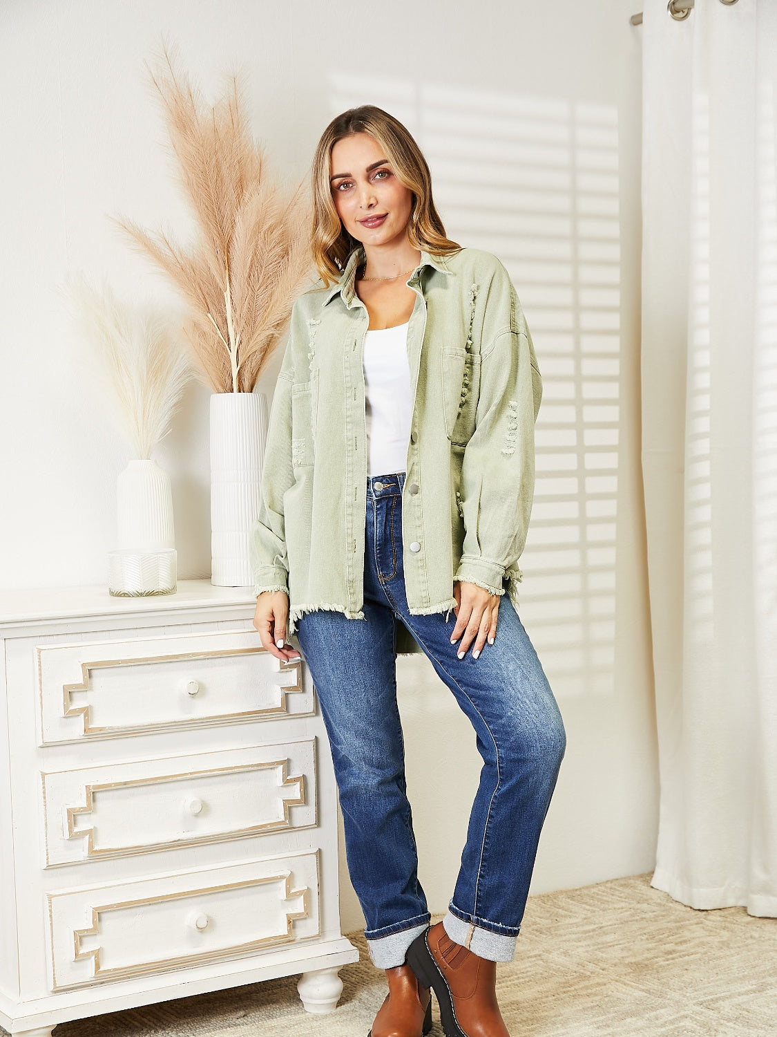 Distressed Raw Hem Denim Jacket 