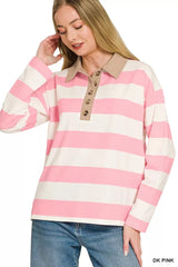 Zenana Striped Contrast Collar Polo Top 