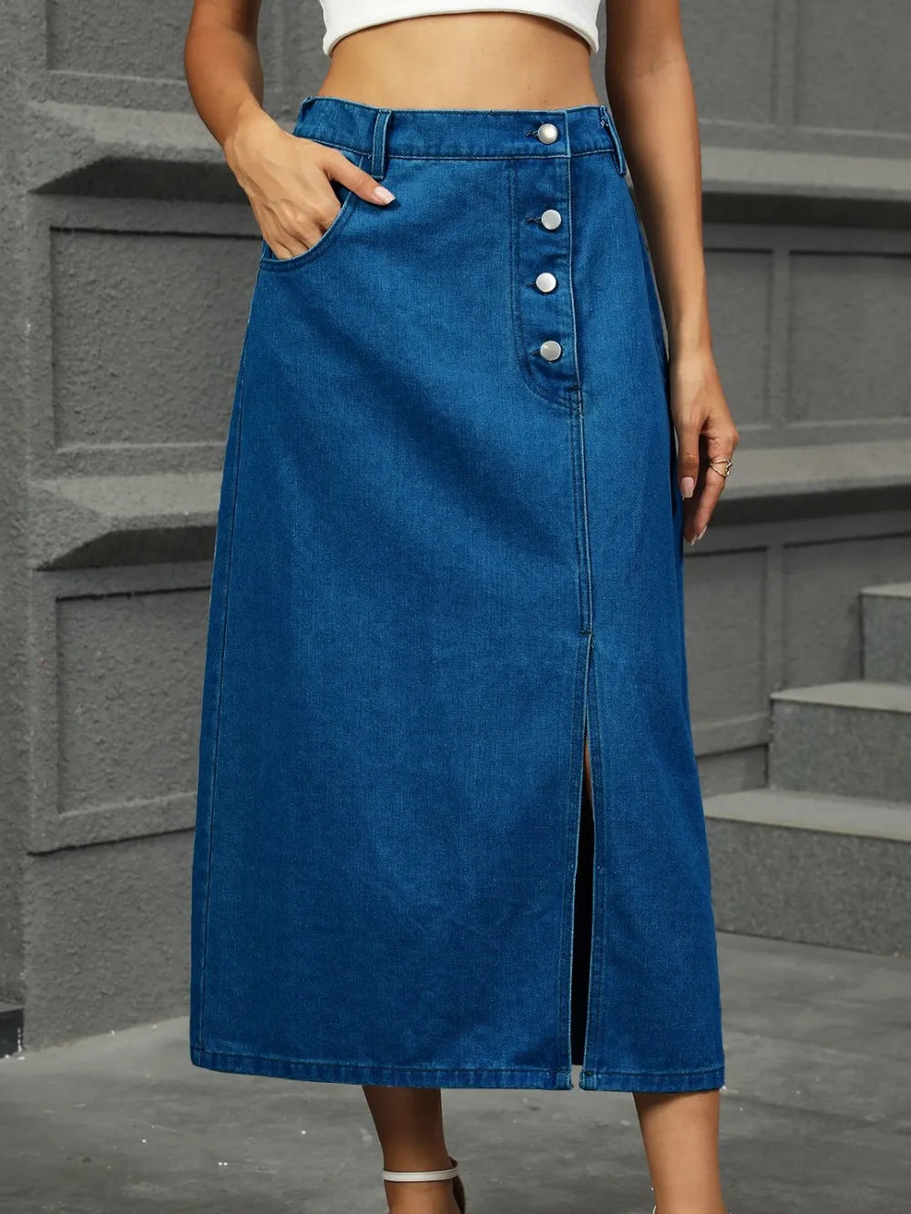 Slit Button Detail Denim Midi Skirt 