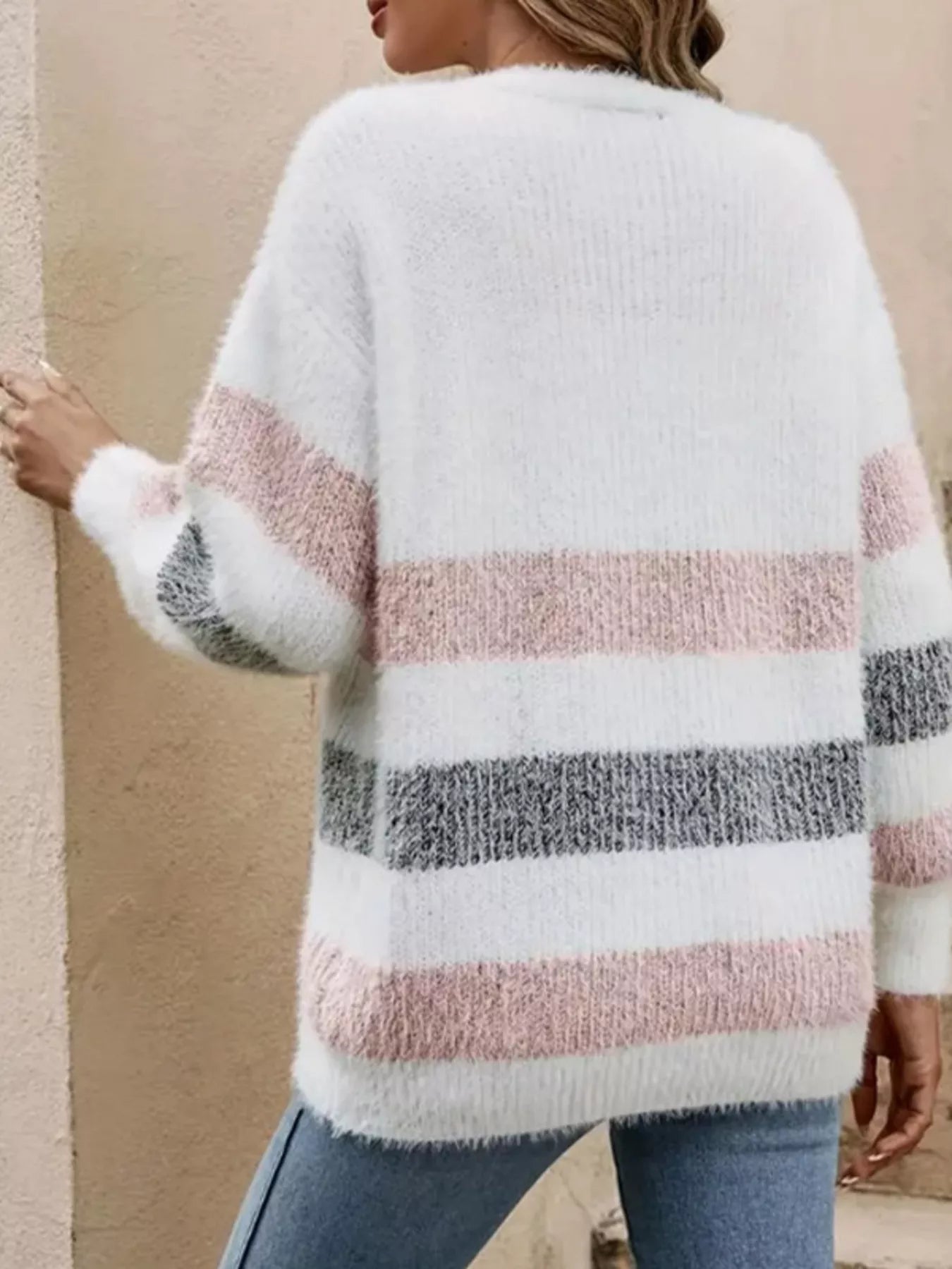 Striped Fuzzy Knit Button-Up Cardigan 