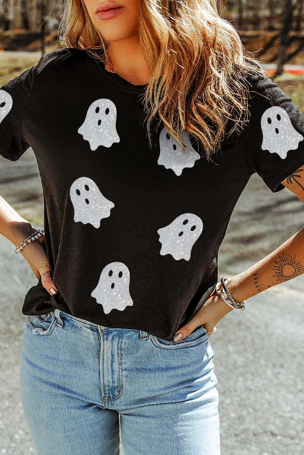 Glitter Ghost Round Neck Short Sleeve T-Shirt 