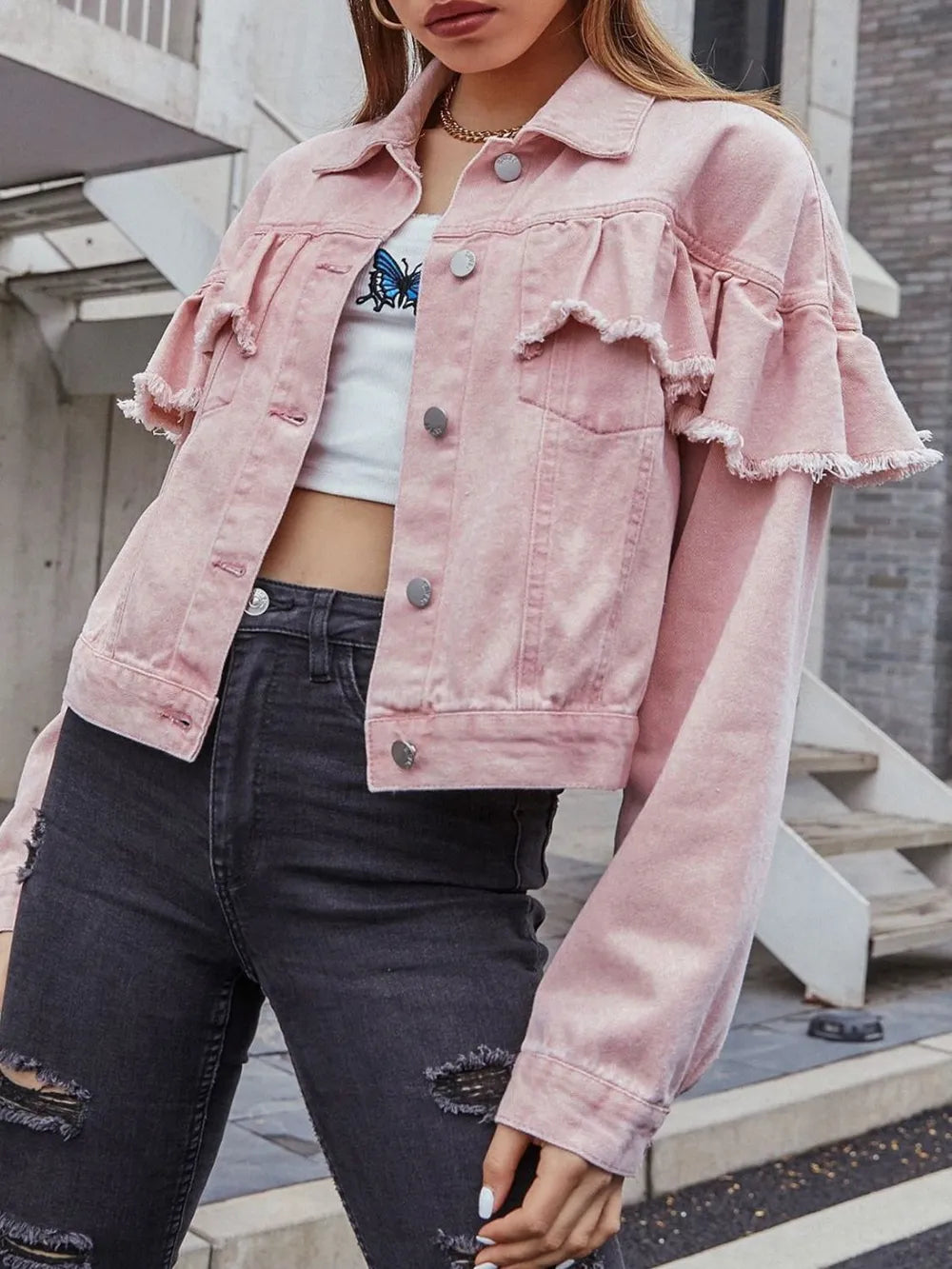 Ruffled Collared Neck Long Sleeve Denim Top 