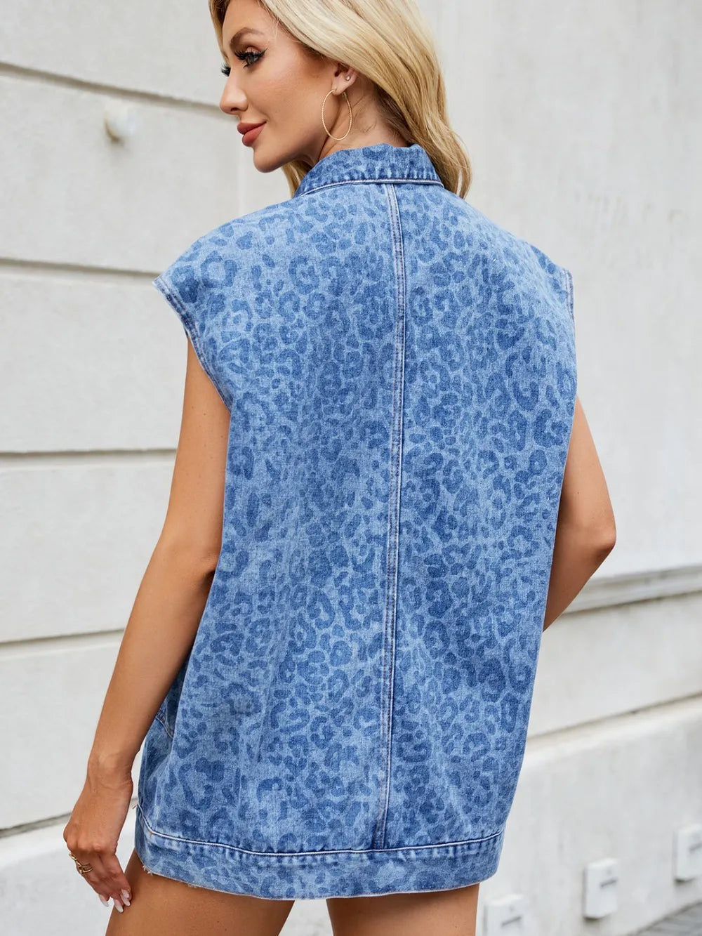 Leopard Button Up Cap Sleeve Denim Jacket 