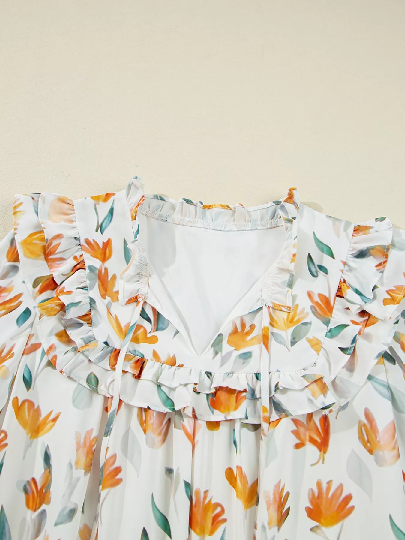Floral Print Tie Neck Frilled Detail Long Sleeve Mini Dress 