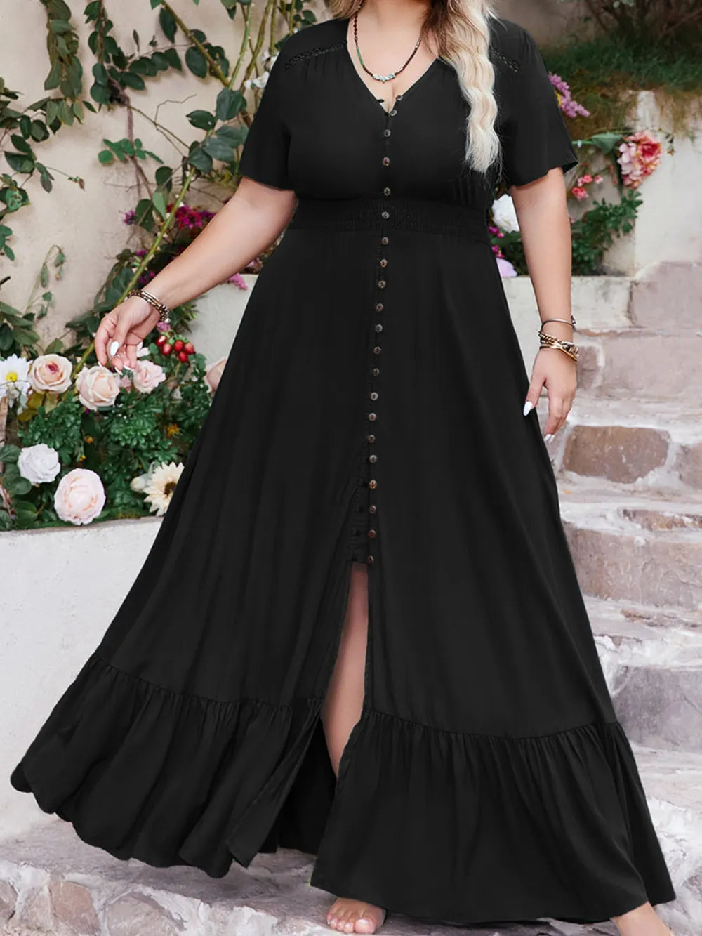 Plus Size Ruffled Hem Button Down V-Neck Short Sleeve Maxi Dress 