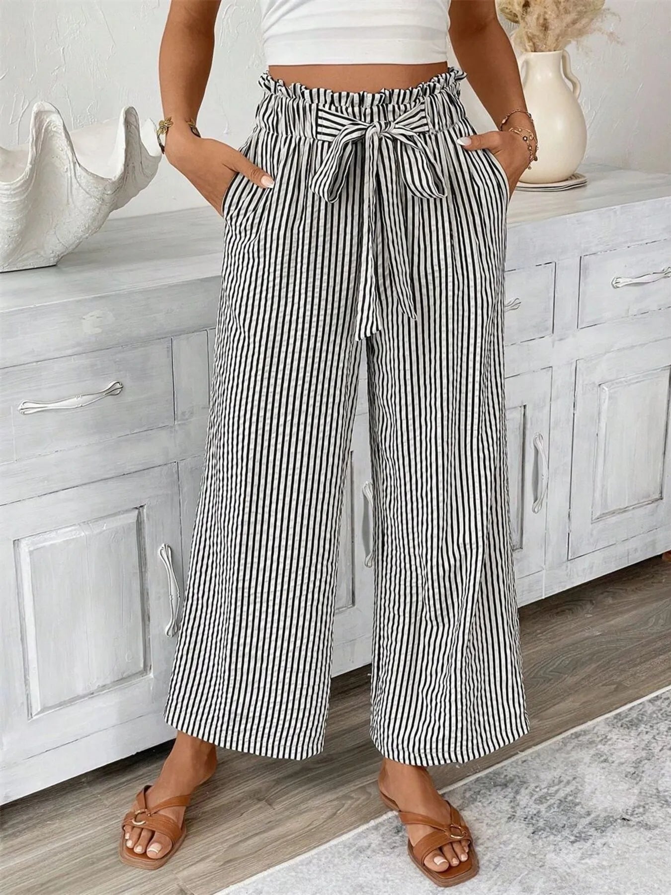 Full Size Striped Wide Leg Paper Bag Pants Plus Size 