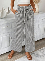 Full Size Striped Wide Leg Paper Bag Pants Plus Size 