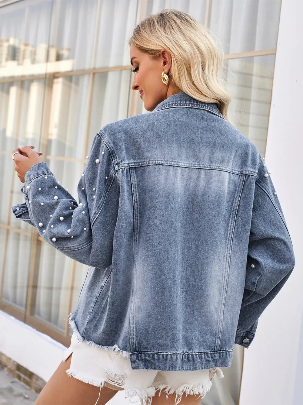 Pearl Trim Raw Hem Denim Jacket 