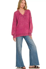 Zenana Washed Deep V-neck Oversized Sweater 