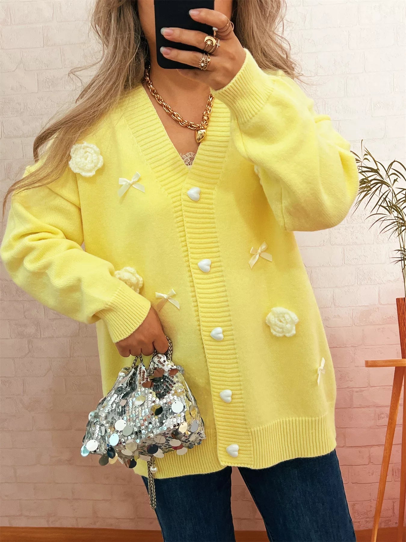 Flower Heart Button Long Sleeve Cardigan 