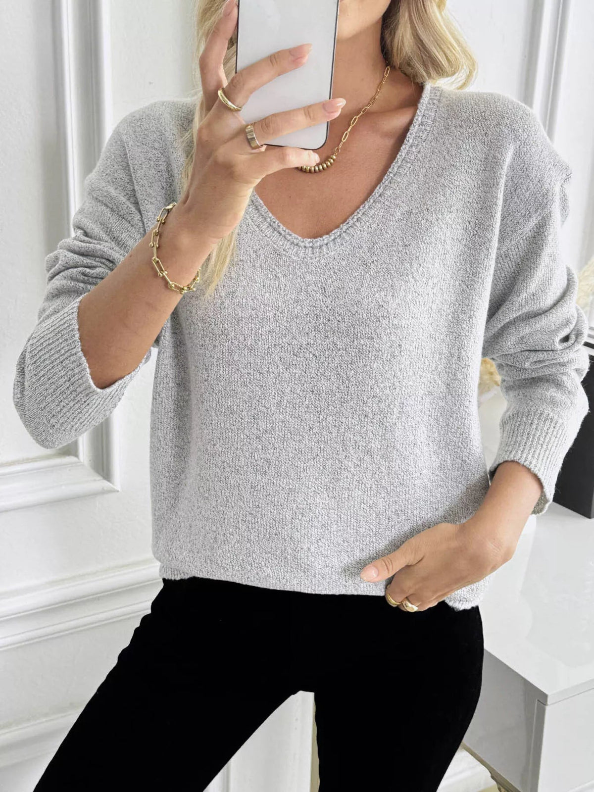 Casual V-Neck Drop Shoulder Sweater 