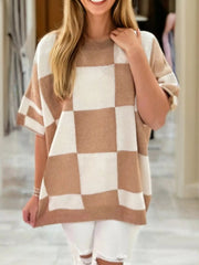 Checkered Pattern Loose Drop Shoulder Half Sleeve Sweater 