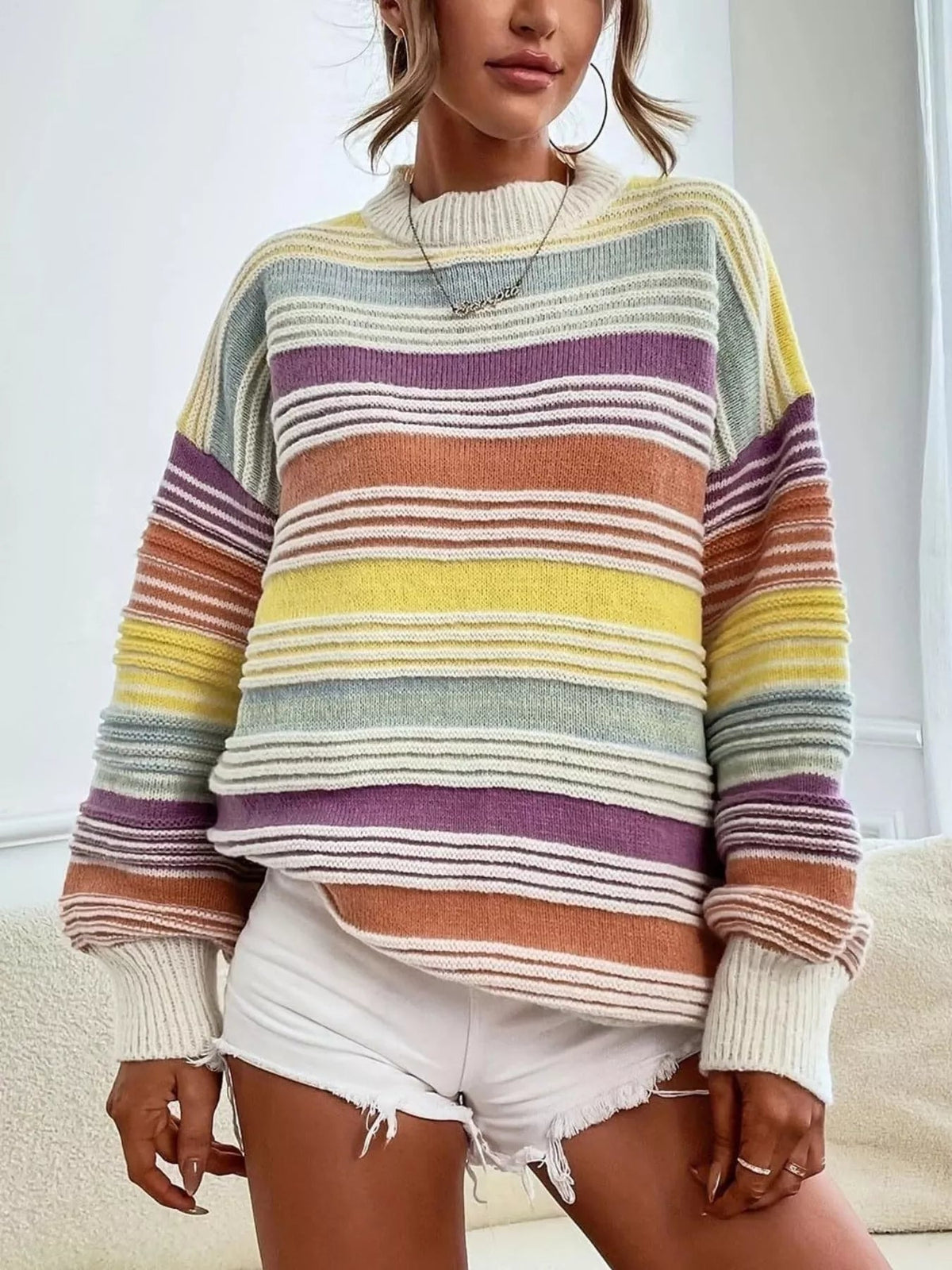 Rainbow Striped Drop Shoulder Oversized Sweater 