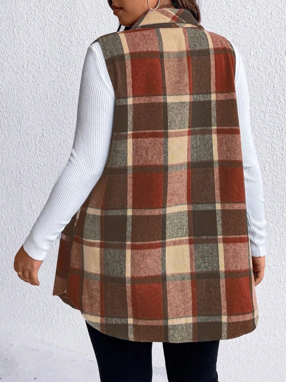 Honey Plus Size Pocketed Plaid Button Up Vest Coat 