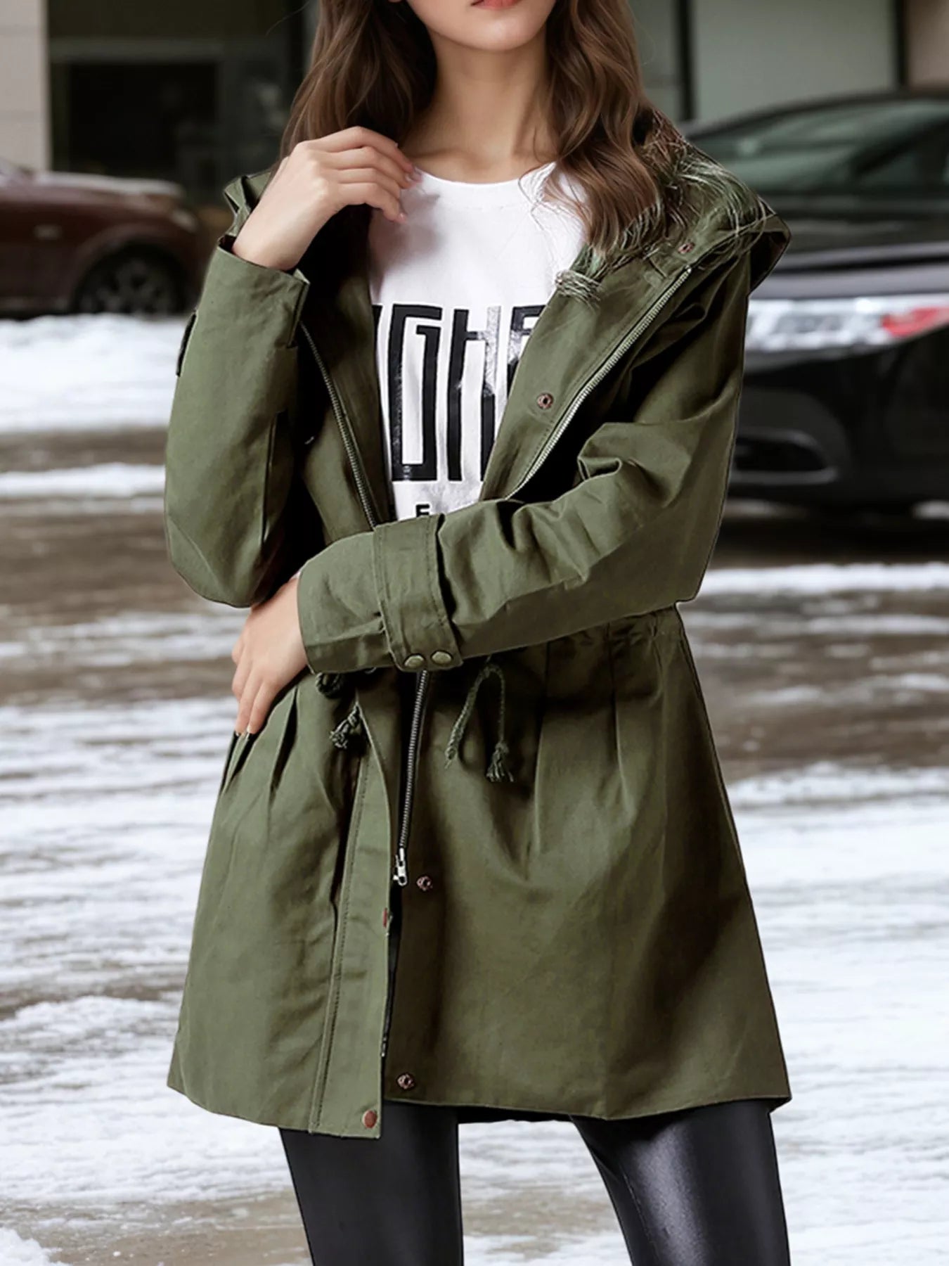 Plus Size Hooded Drawstring Waist Trench Coat 