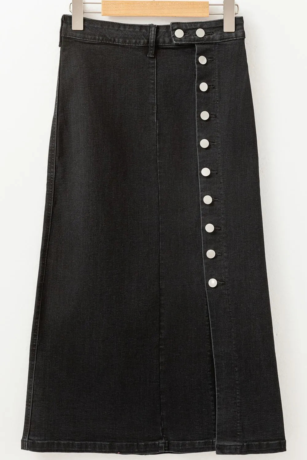 Button Fly Side Split Denim Midi Skirt 