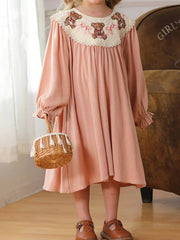 Children's Teddy Bear Embroidered Collar Long Sleeve Dress 