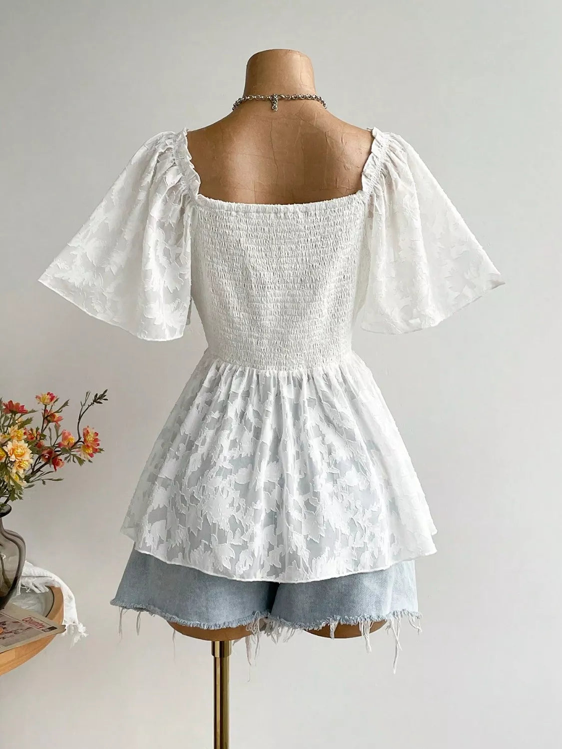 Plus Size Floral Flutter Sleeve Blouse with Smocked Back 