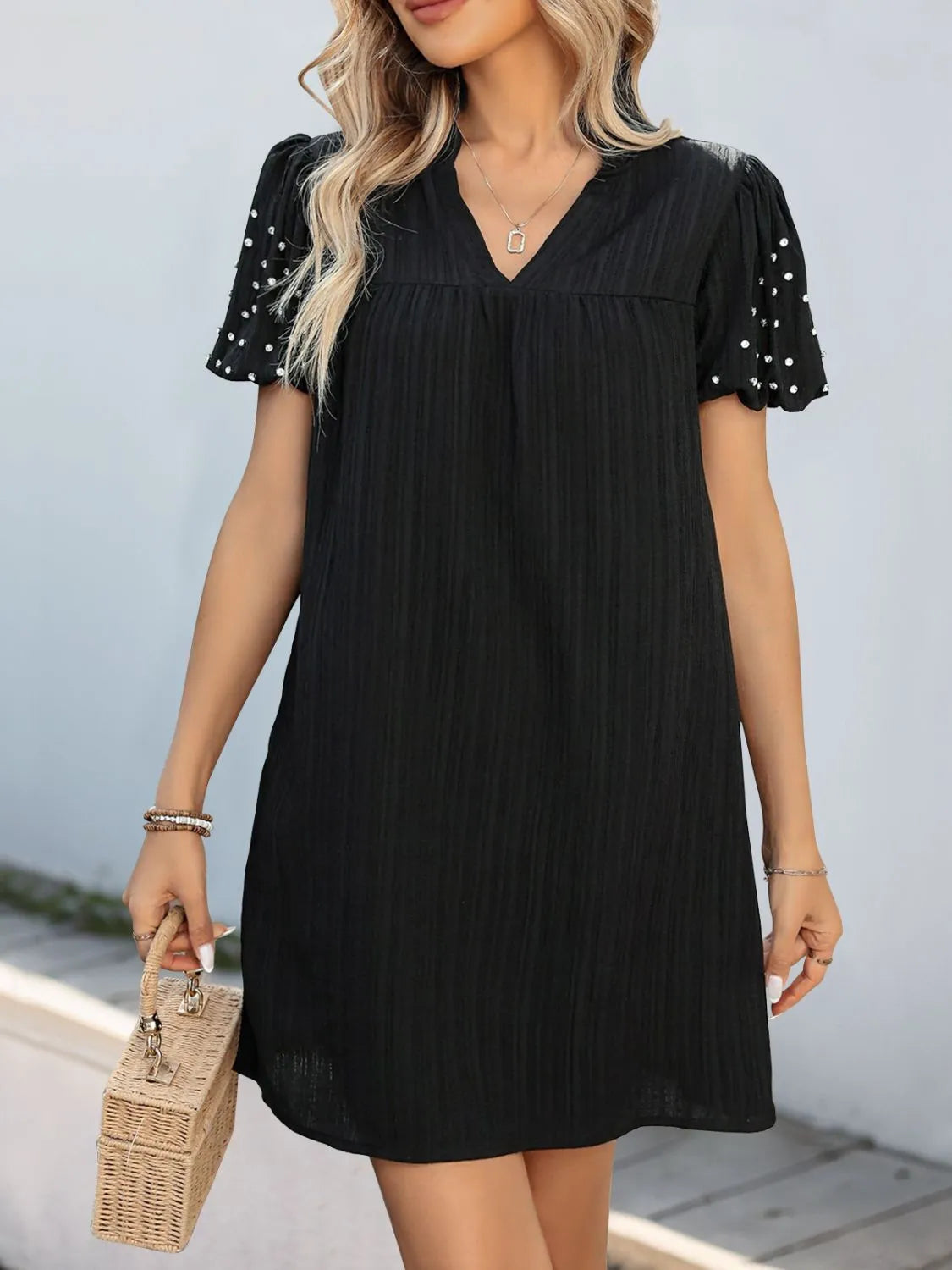 Textured V-Neck Short Sleeve Mini Dress 
