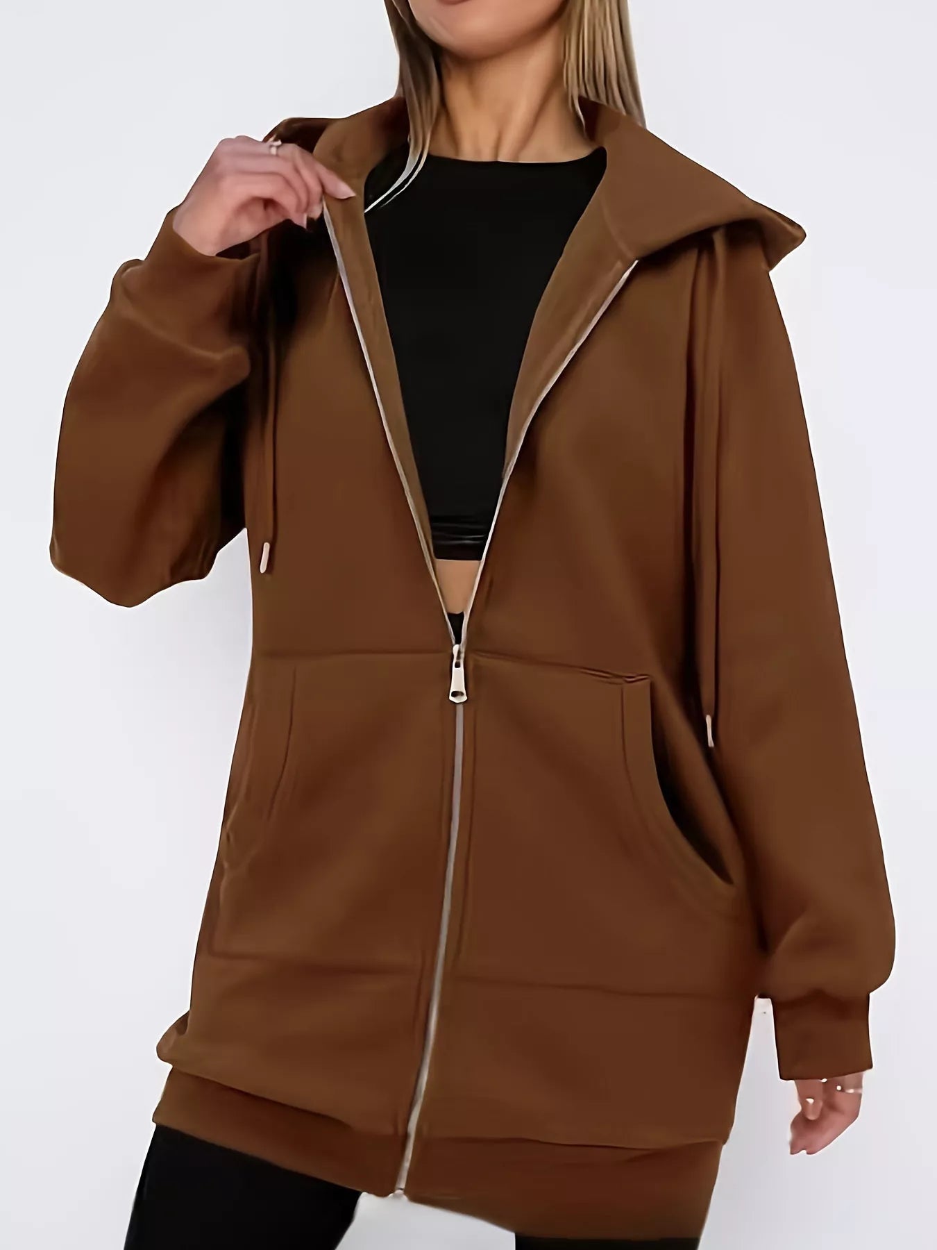Drawstring Zip Up Long Sleeve Hoodie 