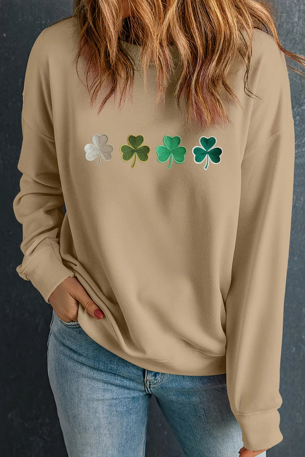 Embroidered Clover Pattern Round Neck Sweatshirt 