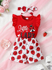 Children's Headband, Round Neck Ruffle Sleeve Top and Pants Set 