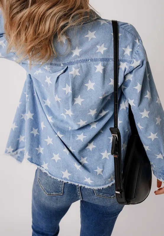 Raw Hem Star Collared Neck Denim Top 