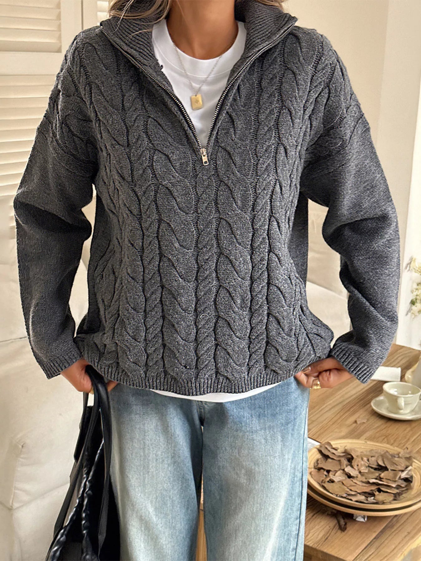 Zip Collar Cable-Knit Sweater 