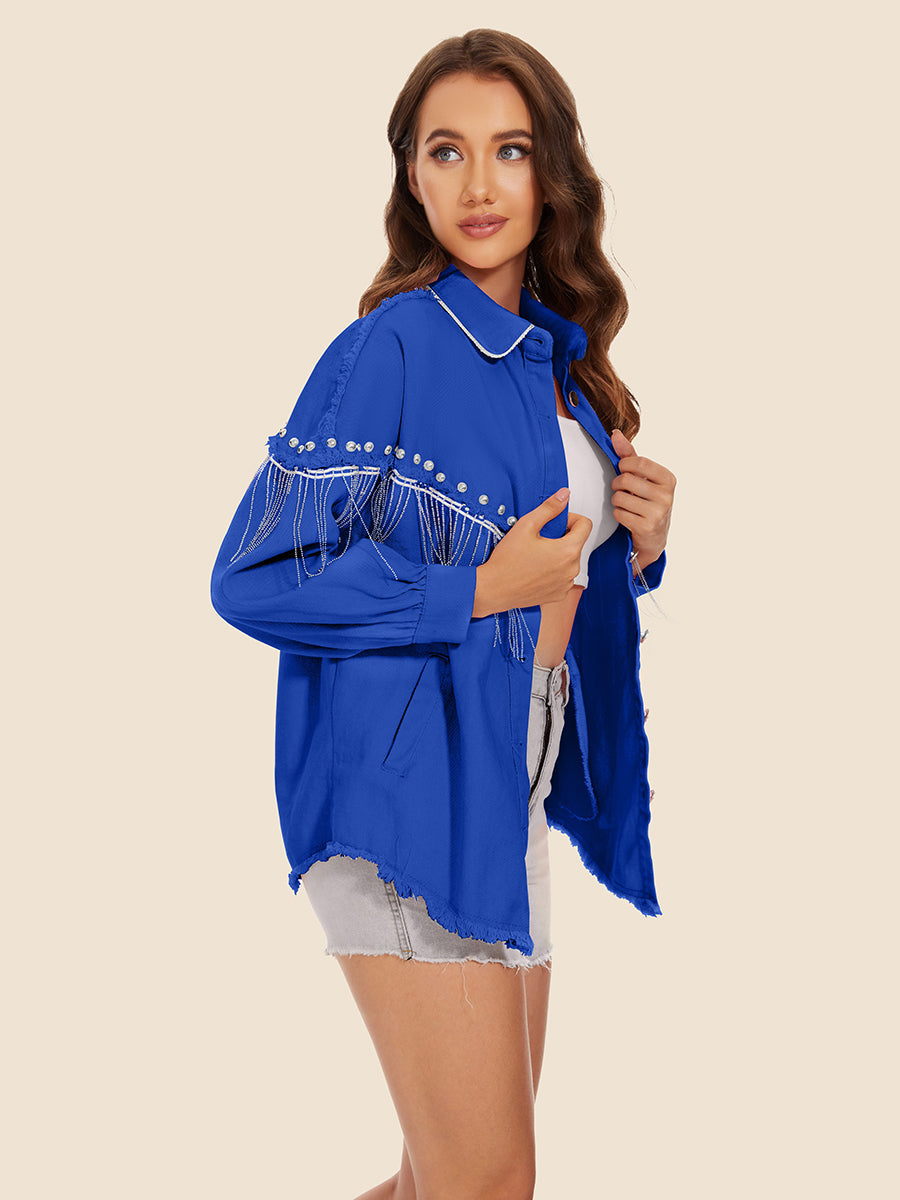 Raw Hem Fringe Detail Denim Jacket 