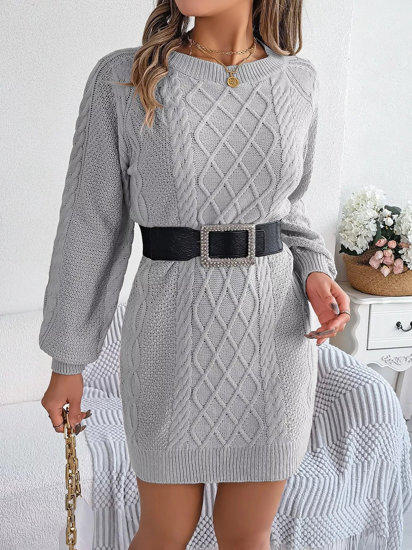 Diamond Cable Knit Sweater Dress with Long Sleeves 