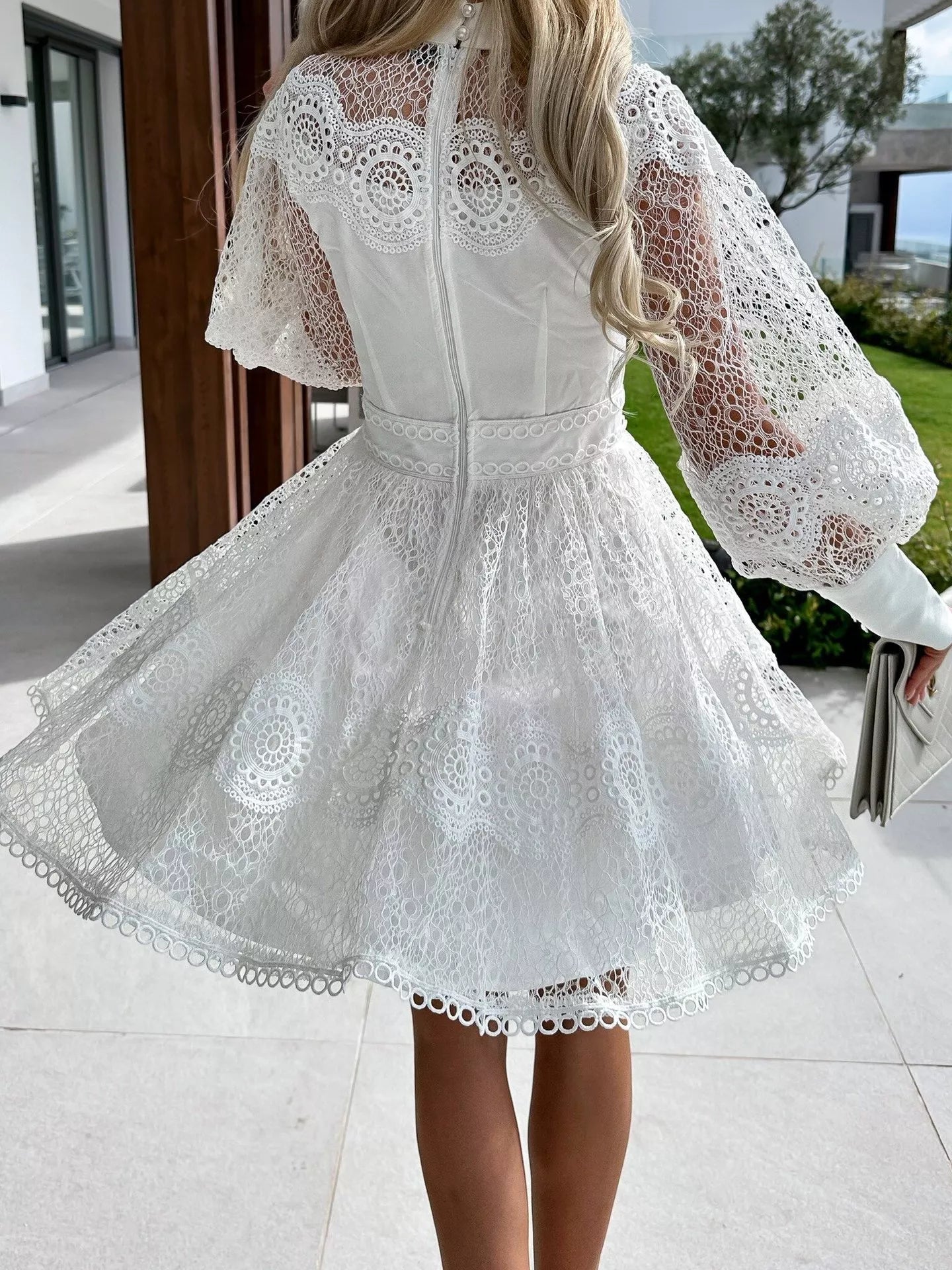 Lace Lantern Sleeve Mini Dress 