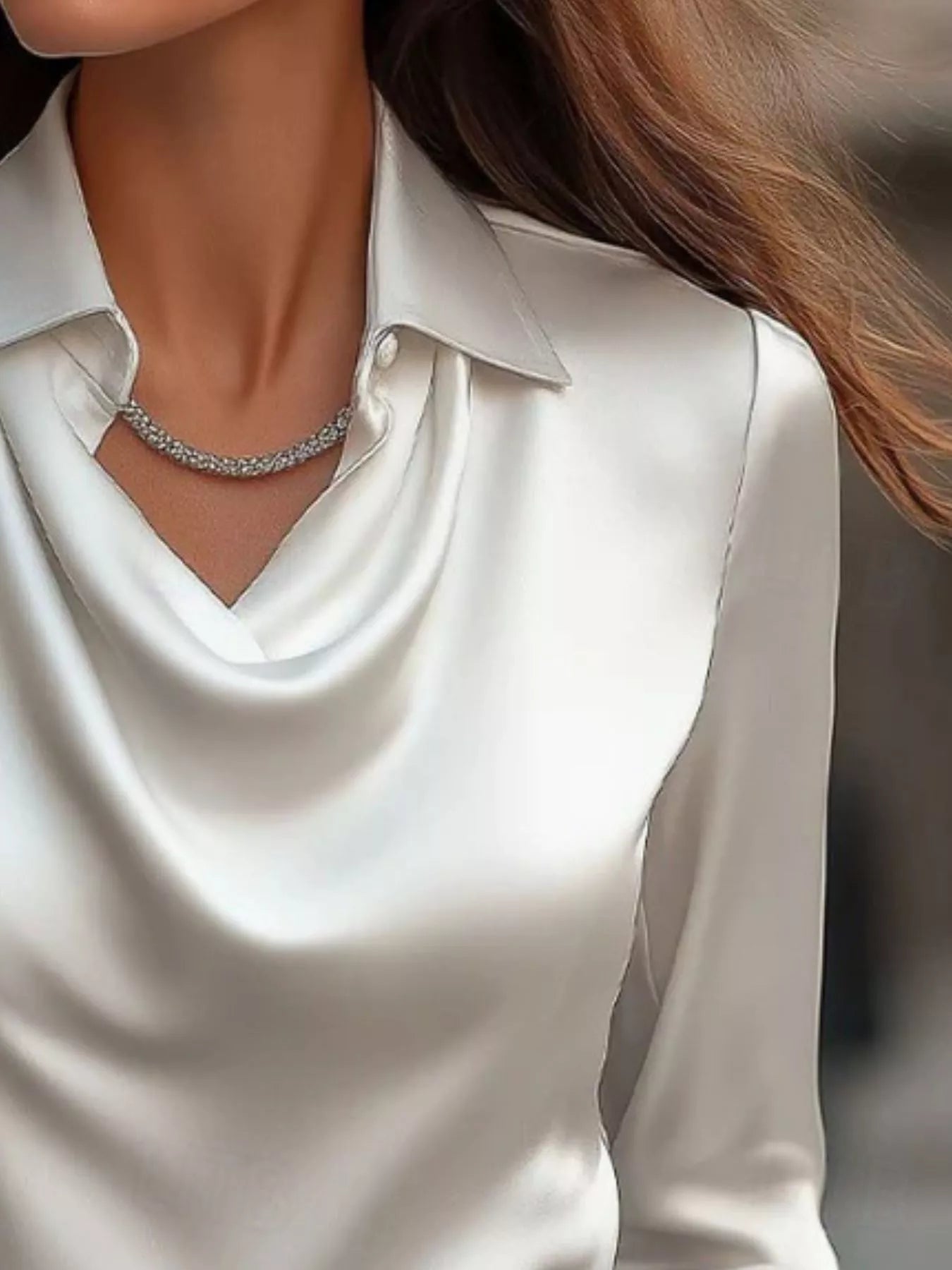 Ruched Long Sleeve Drape Collar Blouse 