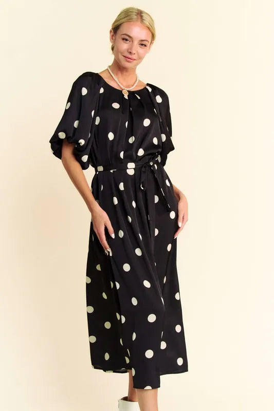 Davi & Dani Polka Dot Puff Sleeves Waist Tie Midi Dress 