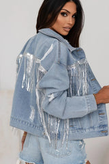 Sequin Fringe Trim Distressed Button Up Denim Jacket 