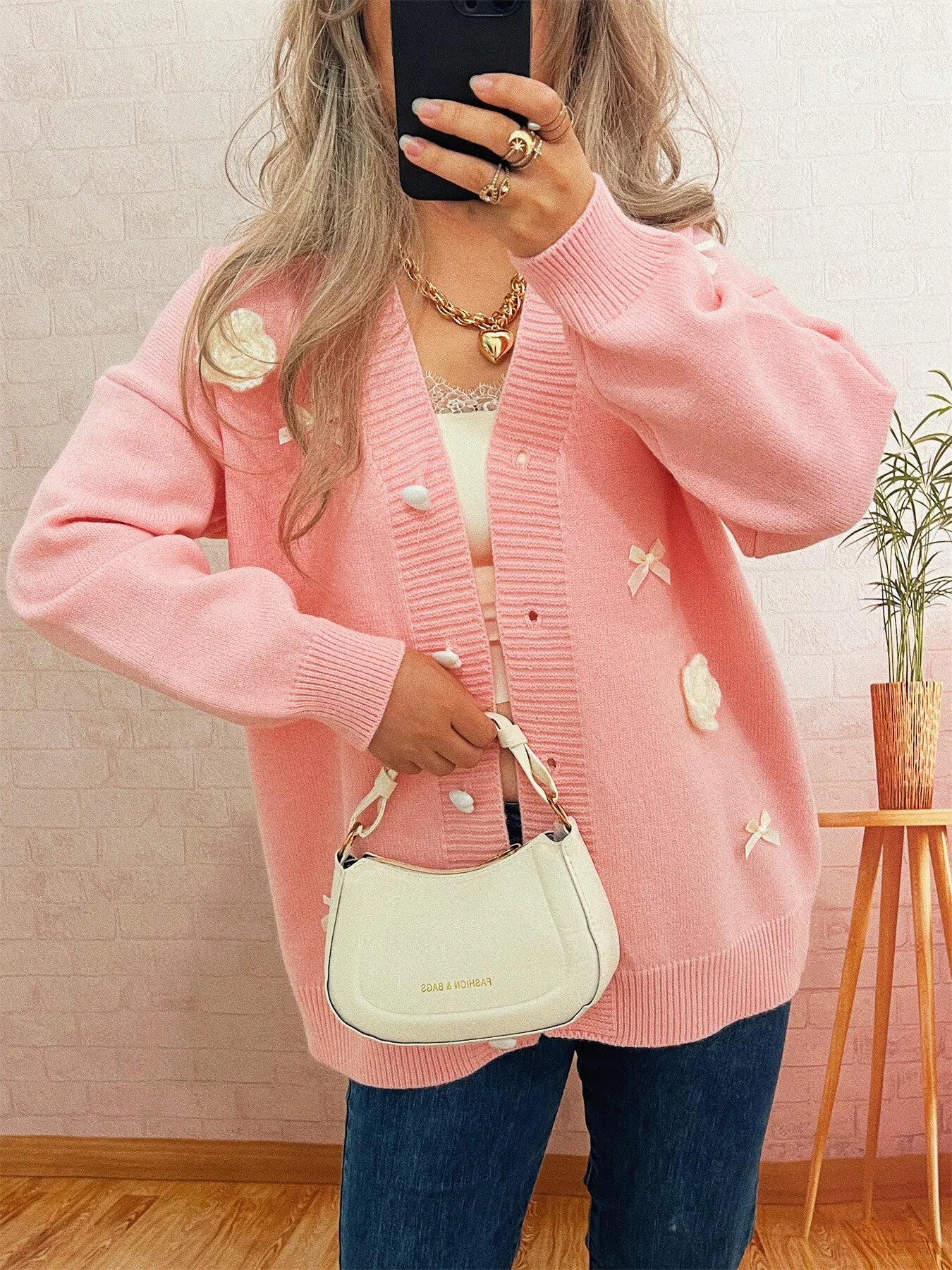 Flower Heart Button Long Sleeve Cardigan 