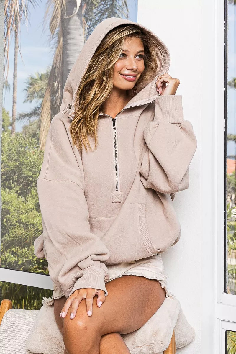 BiBi Stitch Detailed Elastic Hem Half Zip Fleece Hoodie 