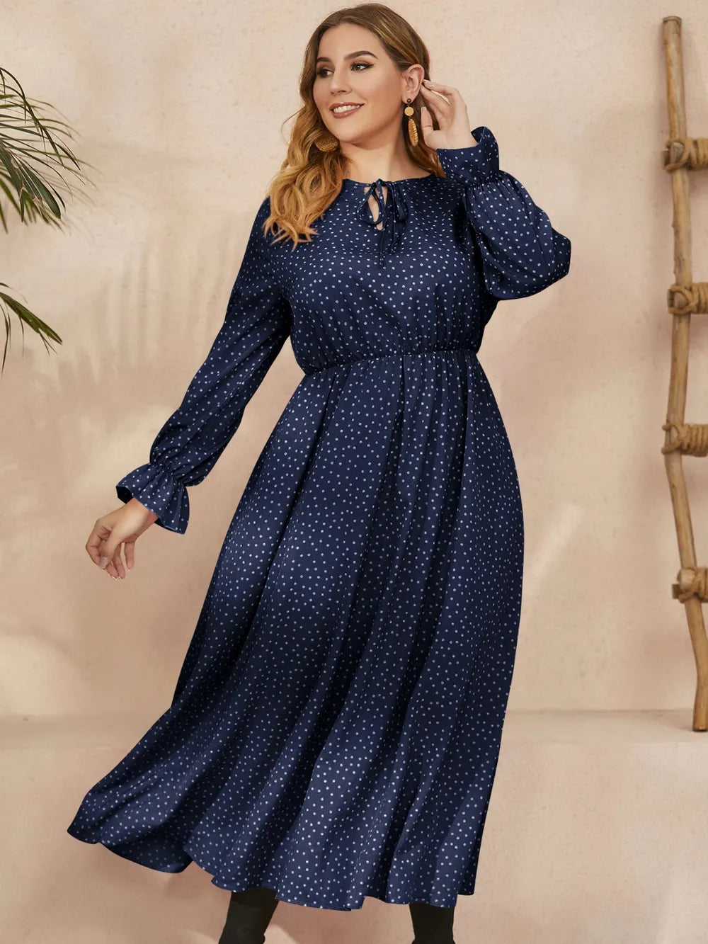 Honey Plus Size Ruffled Polka Dot Long Sleeve Midi Dress 