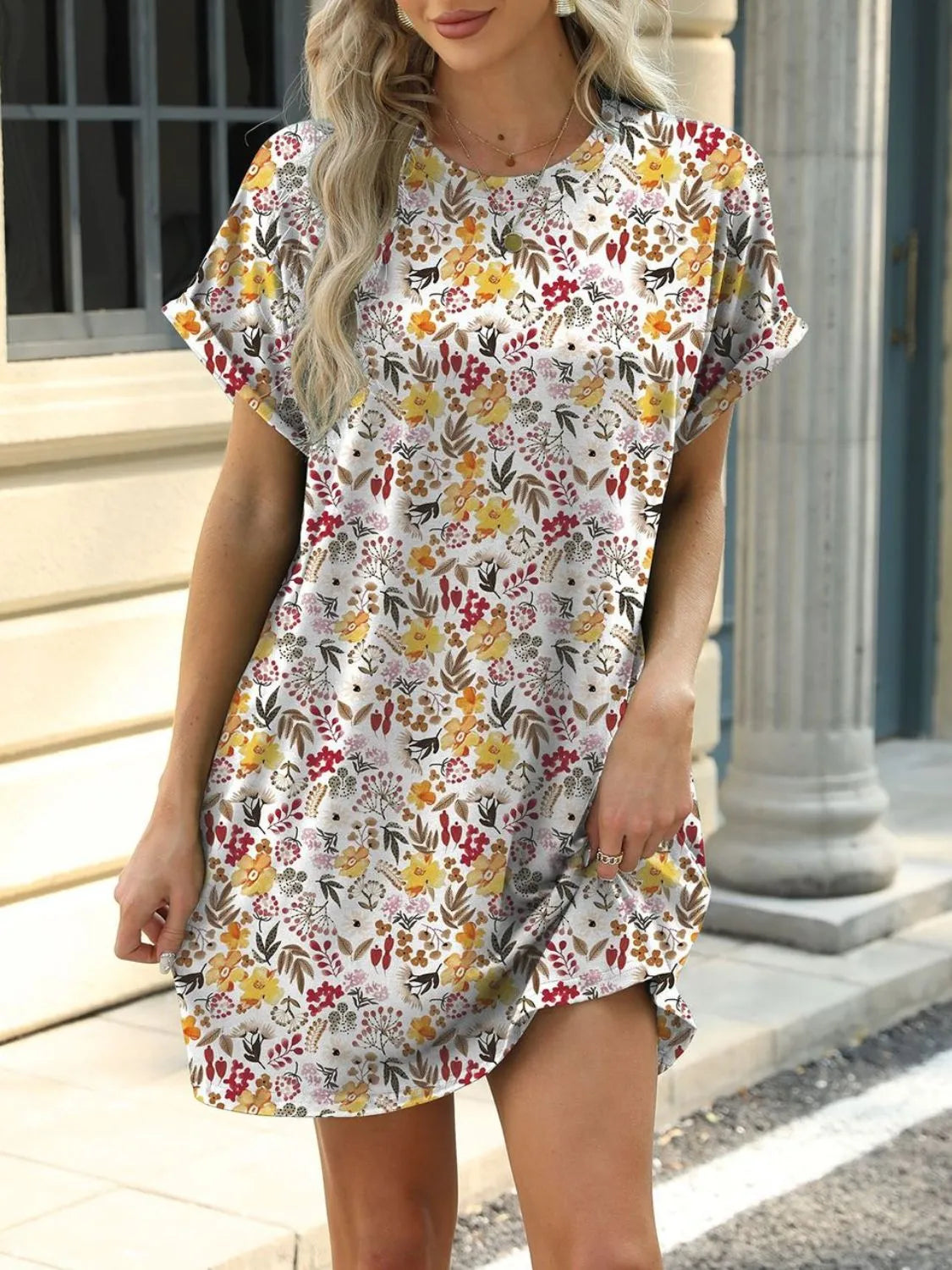 Printed Round Neck Short Sleeve Mini Dress 
