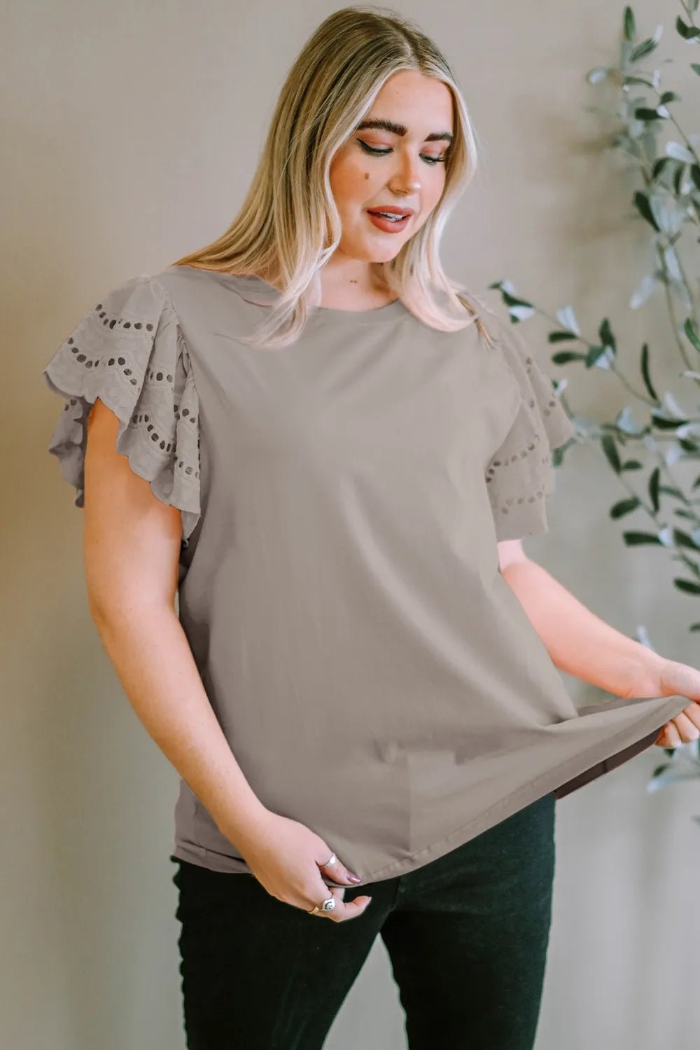 Plus Size Eyelet Round Neck Short Sleeve Blouse 