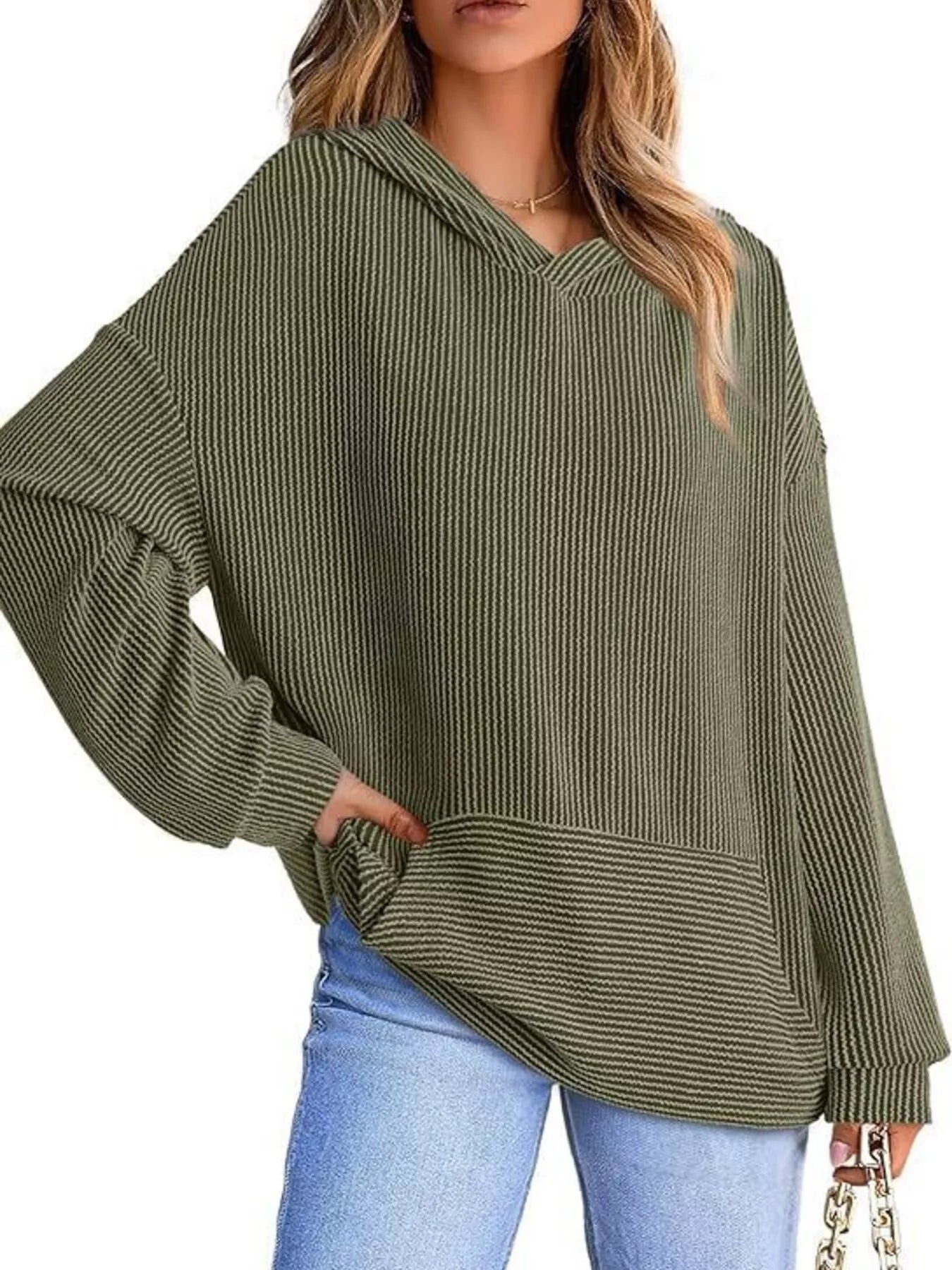 Ribbed Oversized Hoodie Sweatshirt with Pocket 