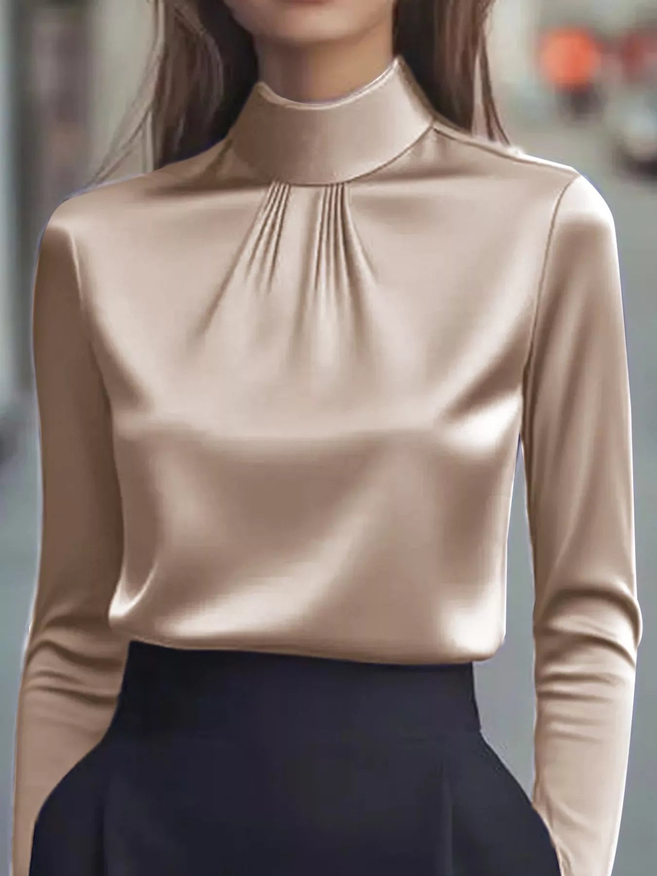 Mock Neck Long Sleeve Blouse with Pleated Detail 