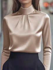 Mock Neck Long Sleeve Blouse with Pleated Detail 