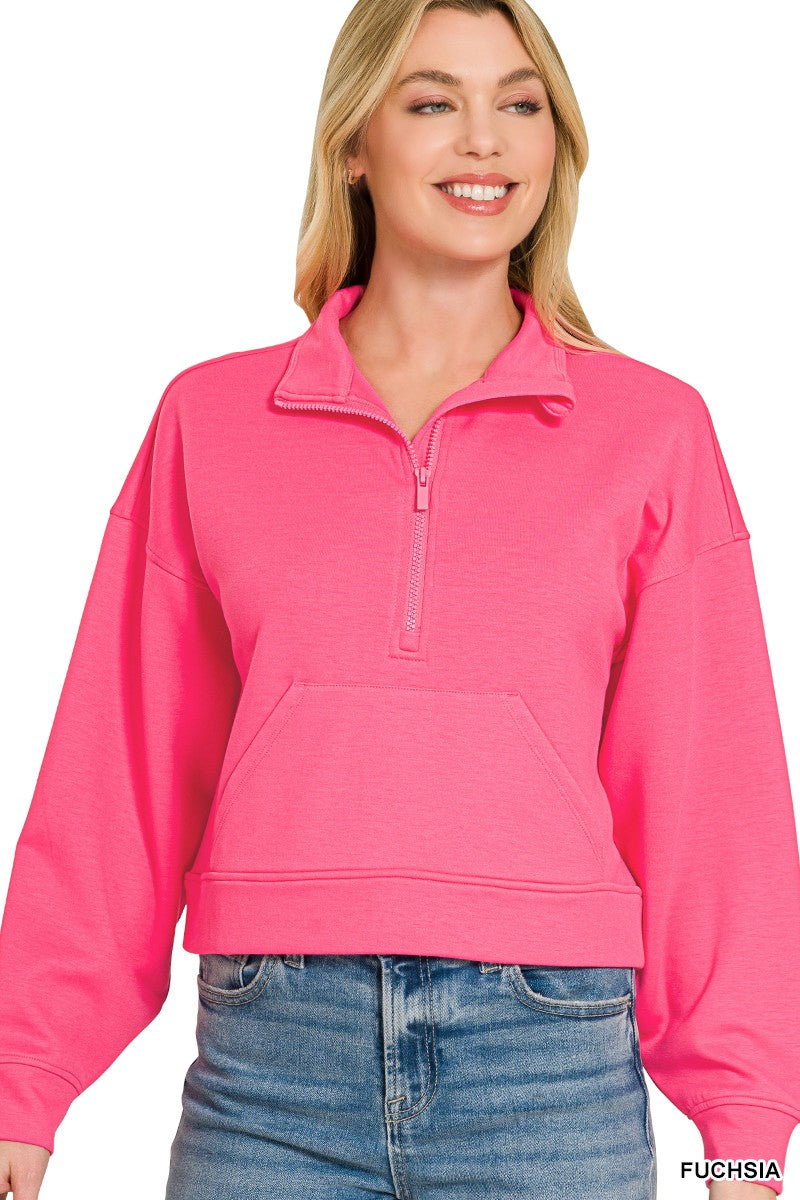Zenana Scuba Half Zip Pullover With Kangaroo Pockets 