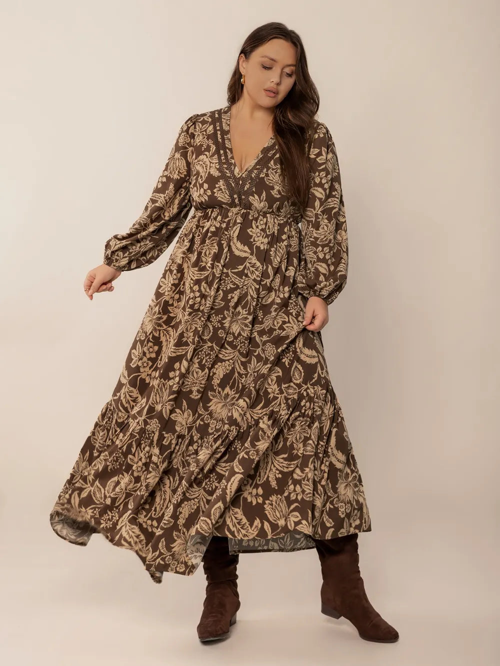 Plus Size Printed V-Neck Balloon Sleeve Maxi Dress 